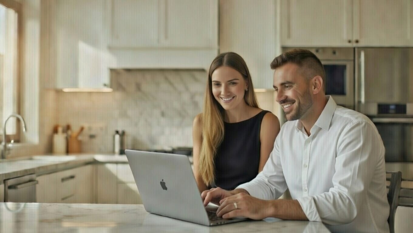 Couple reviewing real estate paperwork together at home