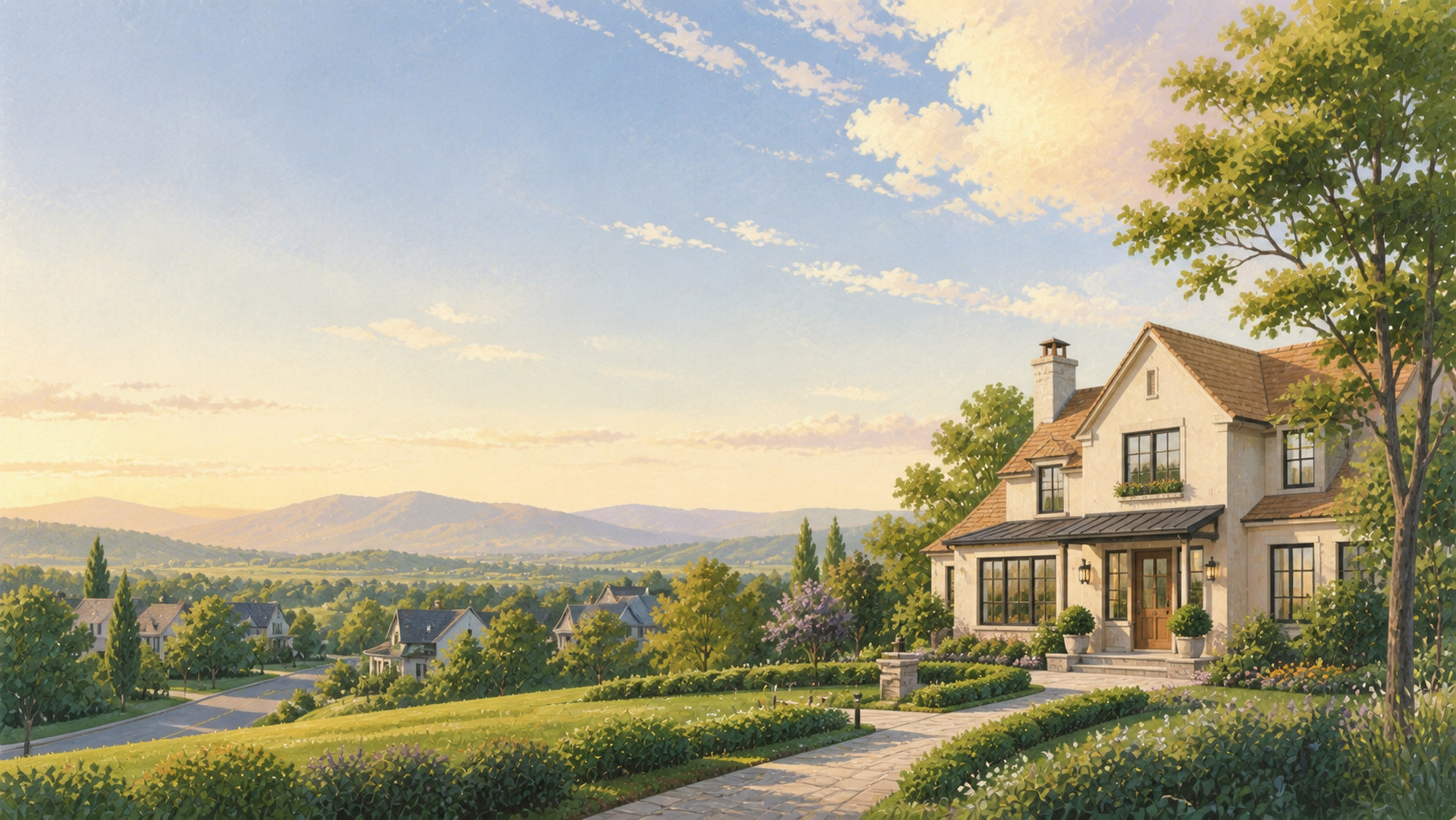 A bright painterly home and neighborhood with open sky